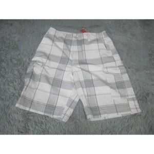 CSG Shorts Mens 34 Gray White Plaid Cargo Pocket Casual Chino Flat Front